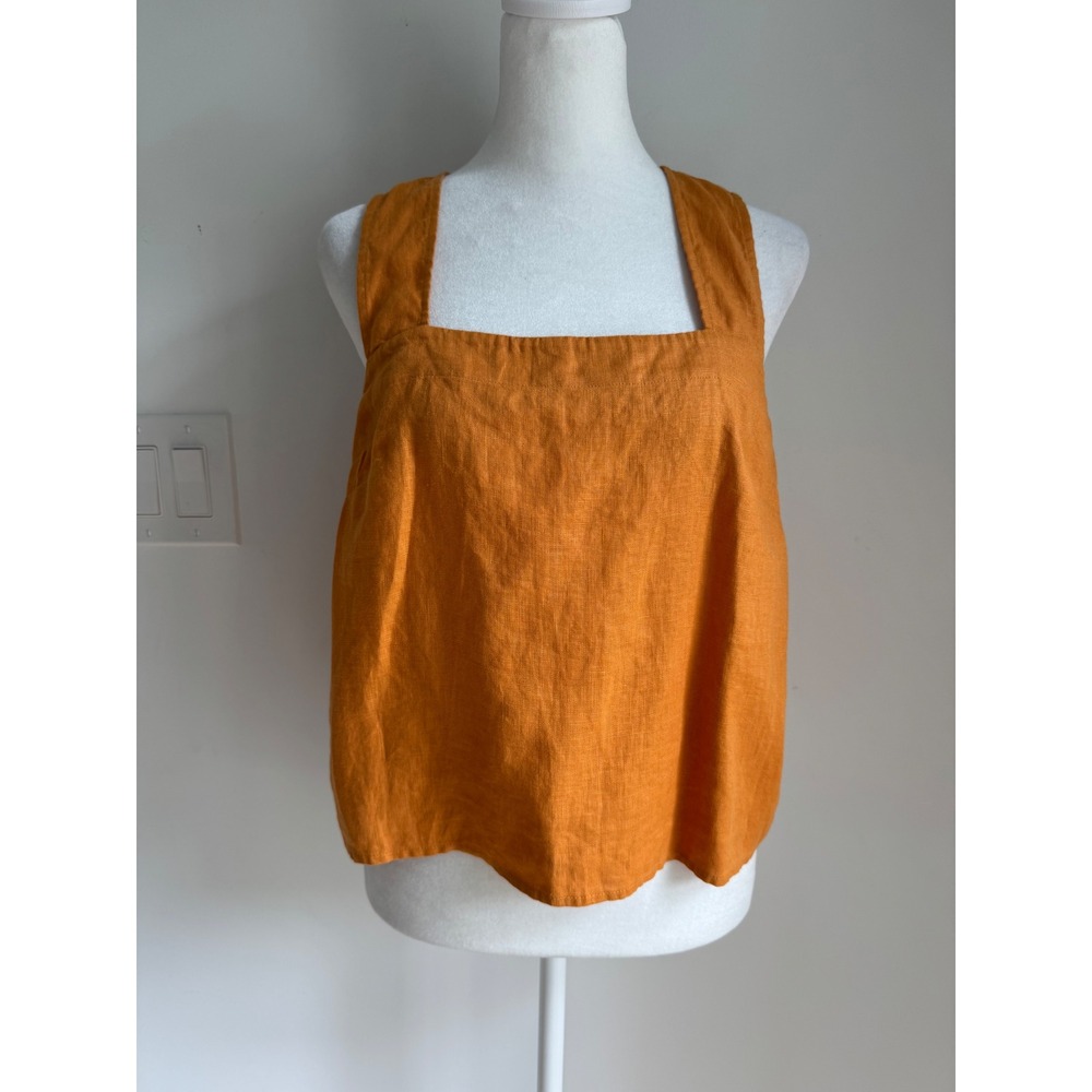 Madewell Women 4 Burnt Orange 100% Linen Cross Back Tulip Hem Square Neck Top
